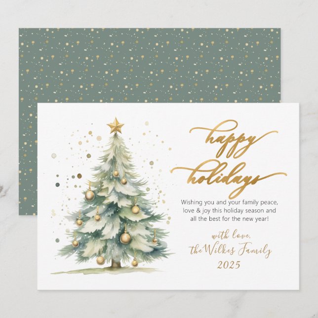 Elegante árbol de Navidad con letra dorada Felices (Anverso / Reverso)