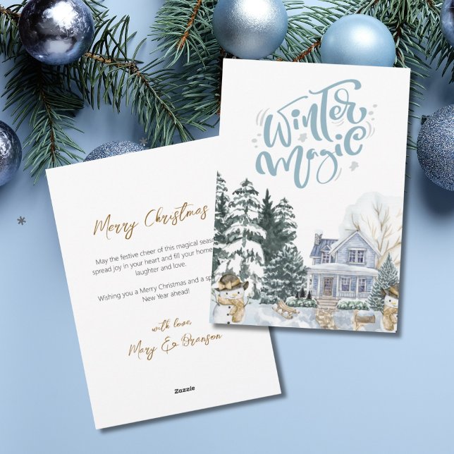 Elegante árbol de Navidad con letra script acuarel (Winter Magic House with Snowman)