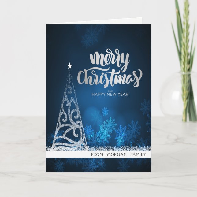 Elegante árbol de Navidad plateado con brillo azul (Anverso)