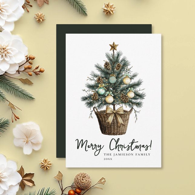 Elegante árbol de navidad verde y acuarela dorada (Elegant watercolor christmas tree holiday flat card.)