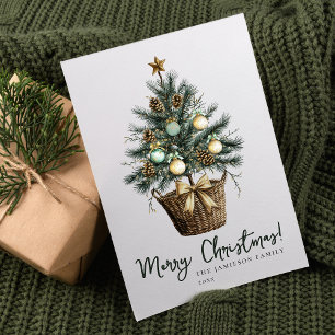 Elegante árbol de navidad verde y acuarela dorada