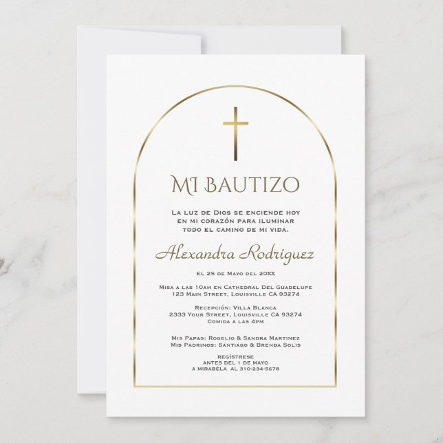 Elegante Arco de Oro Invitación De Bautizo Baptism (Anverso)
