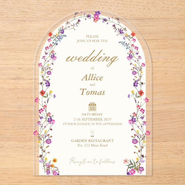 Elegante Arco Floral Invitación a la Boda Acrílica (Anverso)