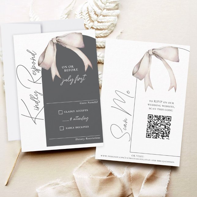 Elegante Arco Moderno de Acuarela para Boda RSVP (Elegant modern floppy white watercolor coquette bow charcoal gray arch wedding QR code RSVP card)