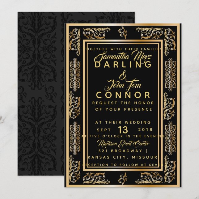 Elegante Art Deco Invitación a la Boda de Oro Negr (Anverso / Reverso)