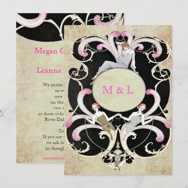 Elegante, Art Decó, Invitación a la boda Lesbiana  (Anverso / Reverso)