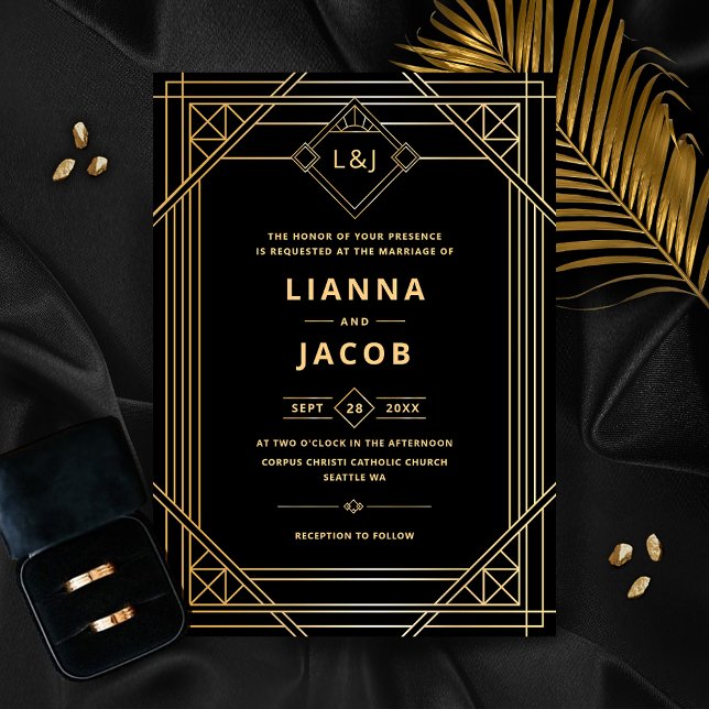 Elegante Art Deco Invitación de la Boda de Oro Neg (Subido por el creador)