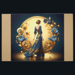 Elegante Art Deco Mujer Oro e Impresión Metalizado<br><div class="desc">Este impresionante ilustracion art decó capta la elegancia atemporal de una mujer encapuchada en un traje azul marino, adornado con intrincados adornos florales de oro. Enmarcado por un lujoso arco dorado con motivos decorativos ornamentales y delicadas flores azules y doradas, la composición exuda sofisticación y glamour vintage. La armoniosa mezcla...</div>