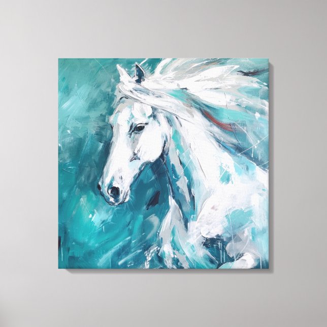 Elegante arte de caballo blanco sobre fondo azul (Anverso)