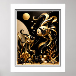 Elegante Arte Fantástico de Peces Dorados Negro y