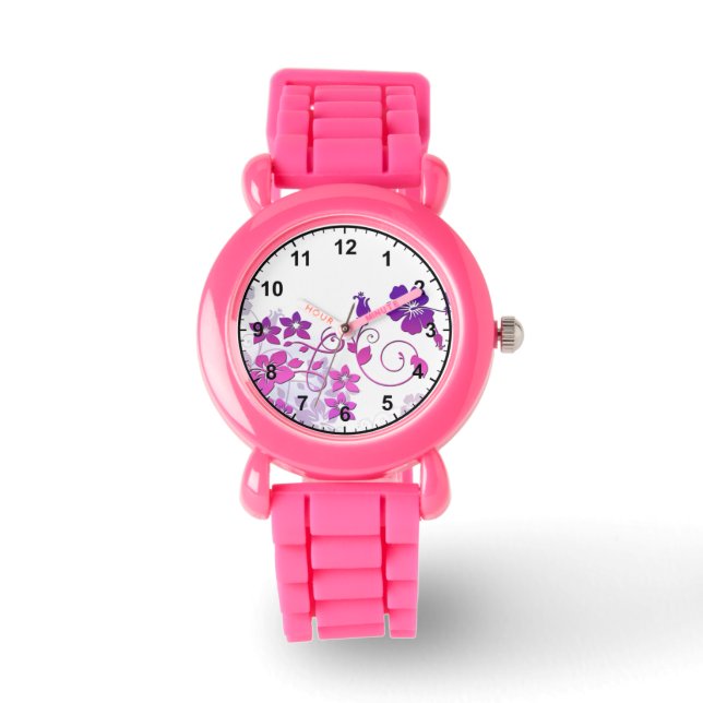 Elegante arte floral con reloj rosa Purpurina (Anverso)