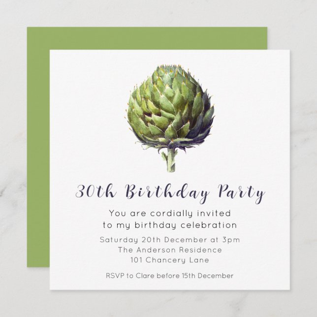 Elegante Artichoke Verde BIrthday Invitación (Anverso / Reverso)