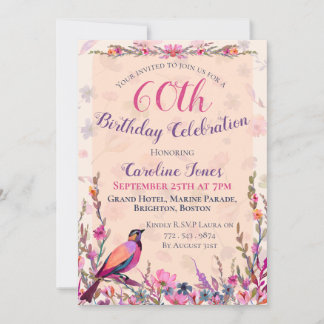 Elegante Ave Floral 60ª Invitación de fiesta de cu