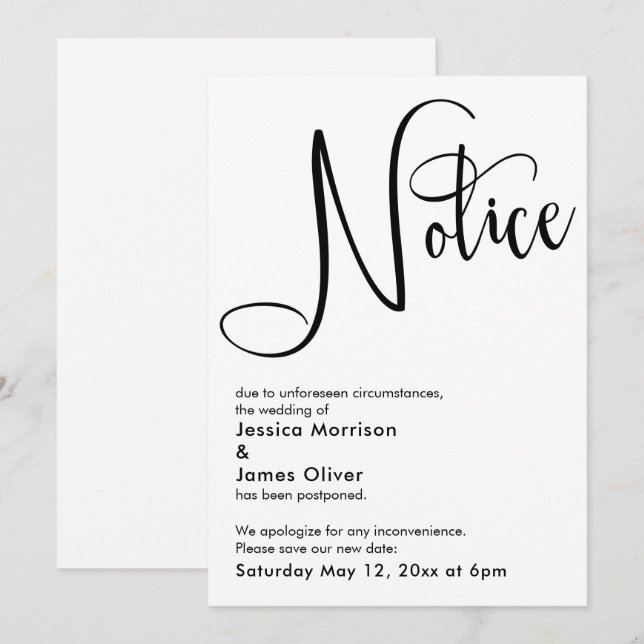 Elegante Aviso Simple Tarjeta Boda Pospuesta (Anverso / Reverso)
