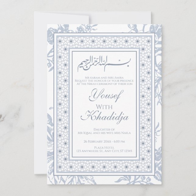 Elegante azul floral musulmán Nikah Invitación (Anverso)