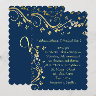 Elegante, Azul Marino, Hoja de Oro, Invitación de