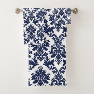 Elegante azul marino sobre damascos florales blanc