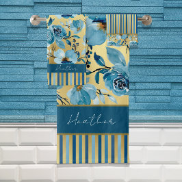 Elegante azul y dorado acuarela Floral Striped