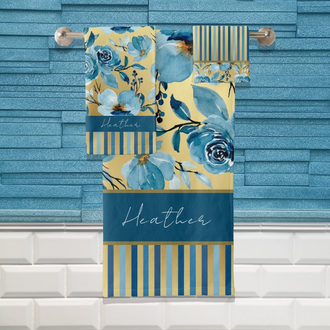 Elegante azul y dorado acuarela Floral Striped (Subido por el creador)