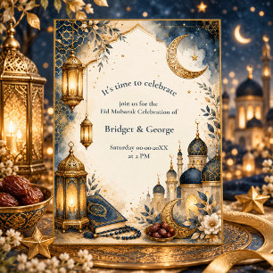 Elegante Azul y Dorado Ramadan Eid Mubarak