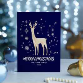 Elegante azul y oro Reindeer Feliz Navidad
