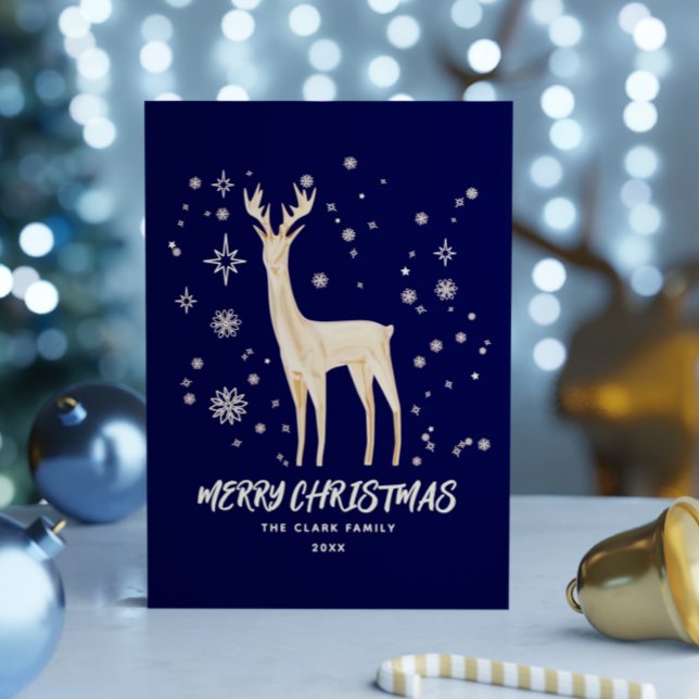 Elegante azul y oro Reindeer Feliz Navidad (Elegant Blue and Gold Reindeer Merry Christmas Holiday Card)