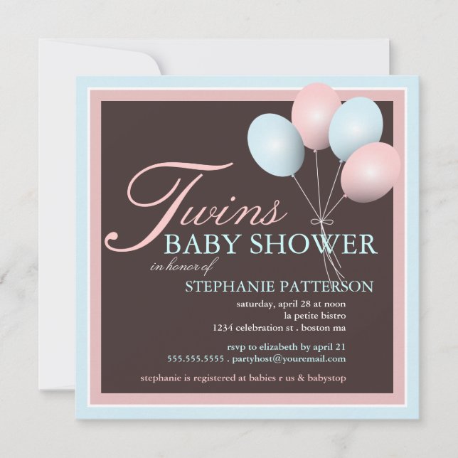 Elegante Baby Balloon Twins Invitación Baby Shower (Anverso)