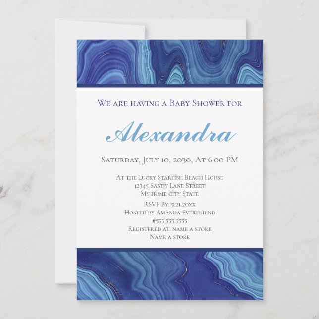 Elegante Baby Shower Blue Marble Agate (Anverso)