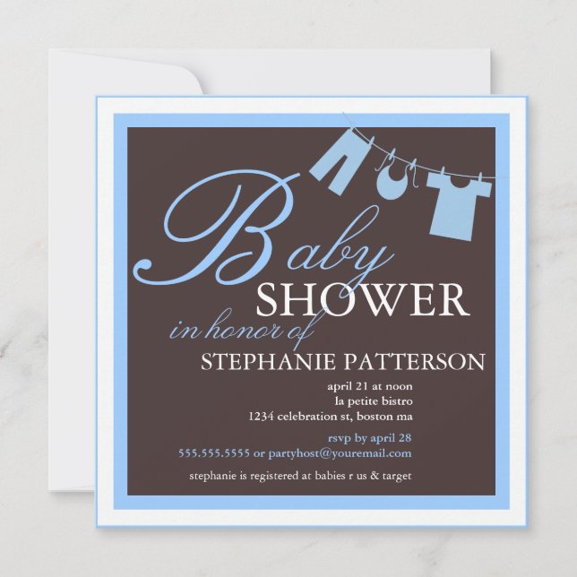 Elegante Baby Shower Clothes Line Blue Invitación (Anverso)