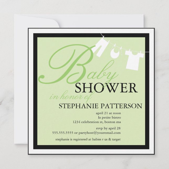 Elegante Baby Shower Clothes Line Green Invitación (Anverso)