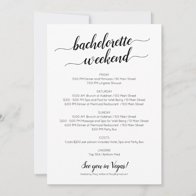 Elegante Bachelorette Invitación Itineraria Fin de (Anverso)