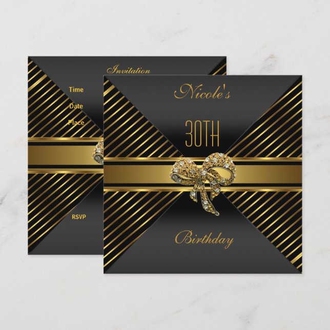 Elegante Banda de oro Negro Invitación de cumpleañ (Anverso / Reverso)