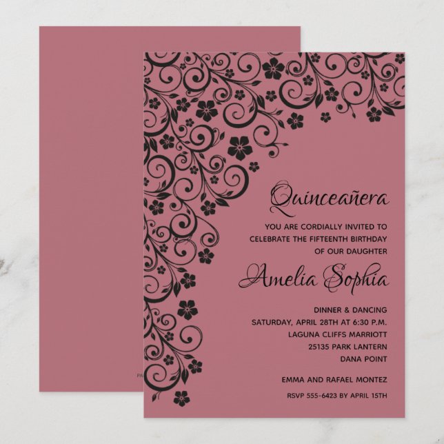 Elegante Baños de Oro Negro y Rosa de Quinceañera (Anverso / Reverso)