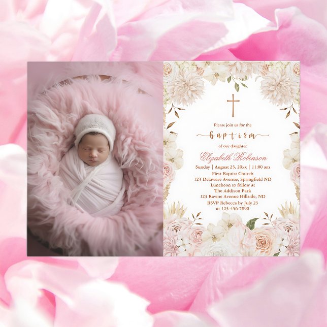 Elegante Baptismo Floral De Boho Rosa Invitación F (Subido por el creador)