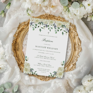 Elegante Baptismo Neutral Floral Blanco Invitación