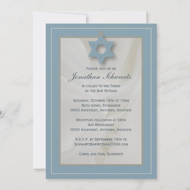 Elegante bar de tela Mitzvah Invitación Azul claro (Anverso)