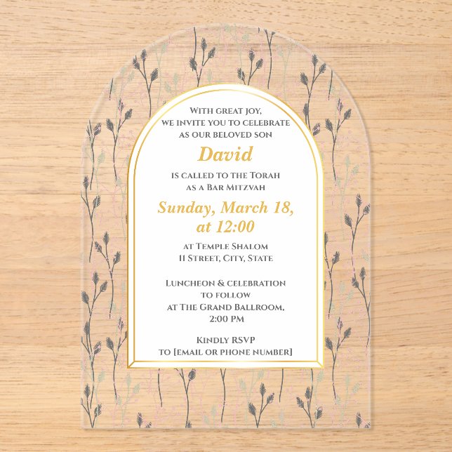 Elegante Bar Floral Invitación Mitzvah (Anverso)