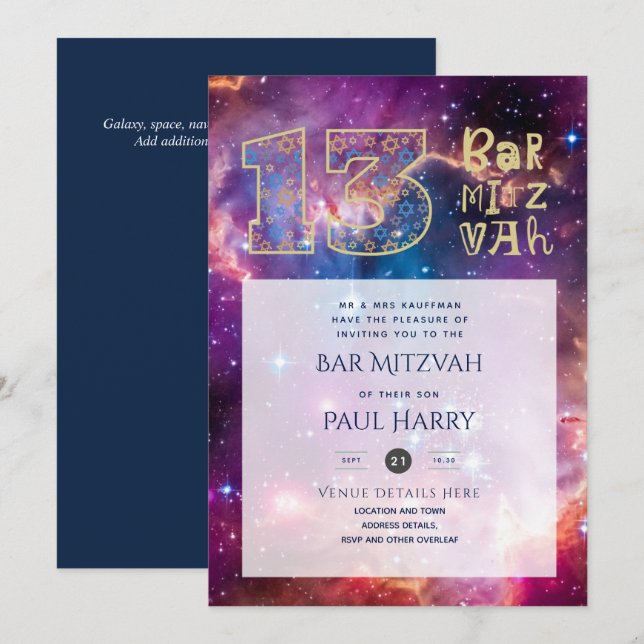 Elegante Bar MITZVAH Invitaciones Tema Galaxy (Anverso / Reverso)