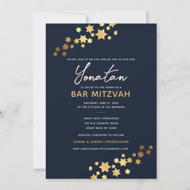 Elegante Bar Mitzvah Navy Invitación de Oro (Reverso)