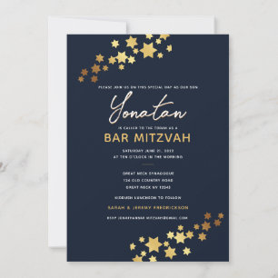 Elegante Bar Mitzvah Navy Invitación de Oro