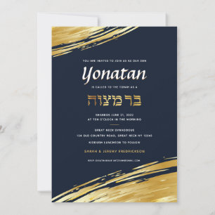 Elegante Bar Mitzvah Navy Invitación de Oro