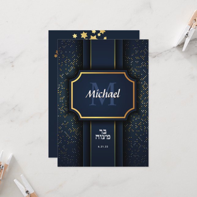 Elegante Bar Monograma Invitación de oro azul Mitz (Anverso/Reverso In Situ)