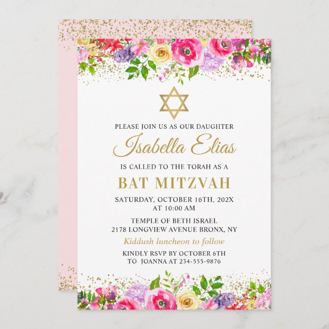 Elegante Bat Floral de Oro Rosa Mitzvah Invitación (Anverso / Reverso)
