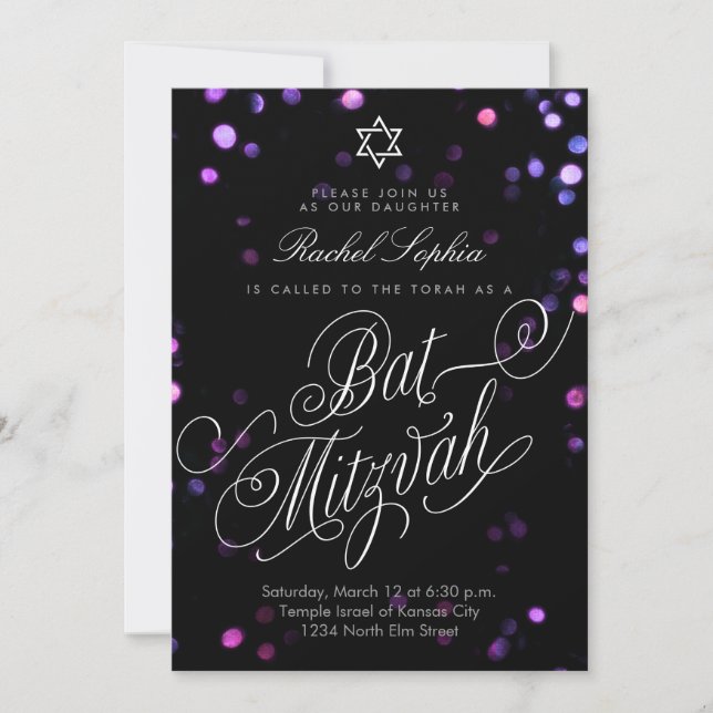 Elegante Bat Mizvah Invitaciones para Luces Púrpur (Anverso)