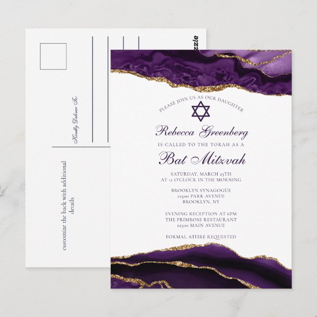 Elegante Bate de Oro Púrpura Invitación del Partid (Anverso / Reverso)
