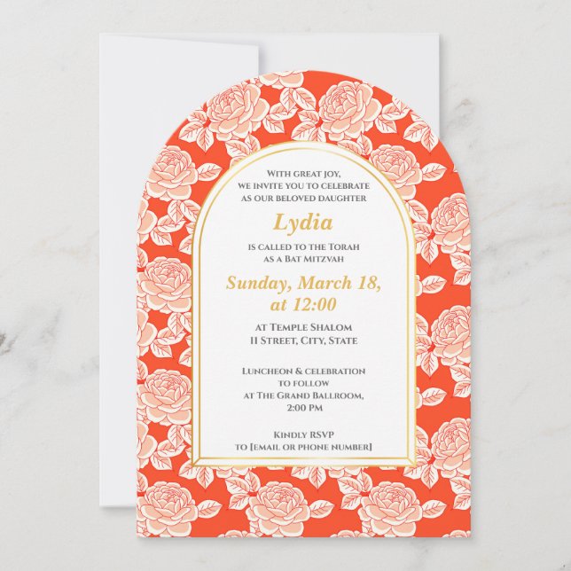 Elegante Bate Floral Coral Invitación Mitzvah (Anverso)