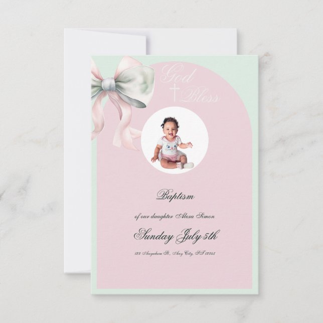 Elegante bautismo de menta rosa para bebé RSVP (Anverso)