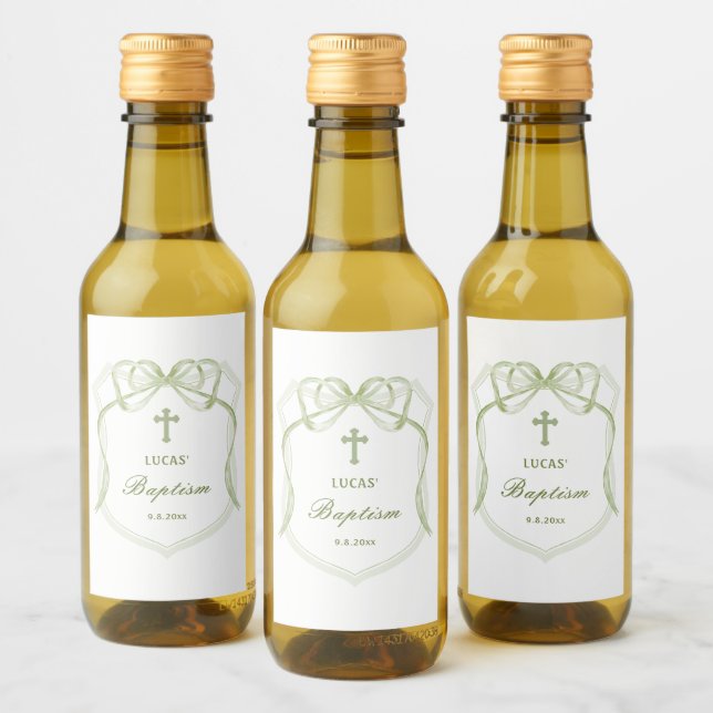 Elegante Bautismo Escudo Sage Green Bow (Botellas)