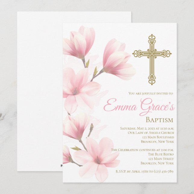 Elegante bautismo floral Invitación a la cristiand (Anverso / Reverso)