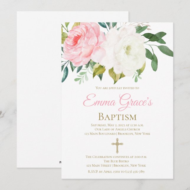 Elegante bautismo floral Invitación a la cristiand (Anverso / Reverso)